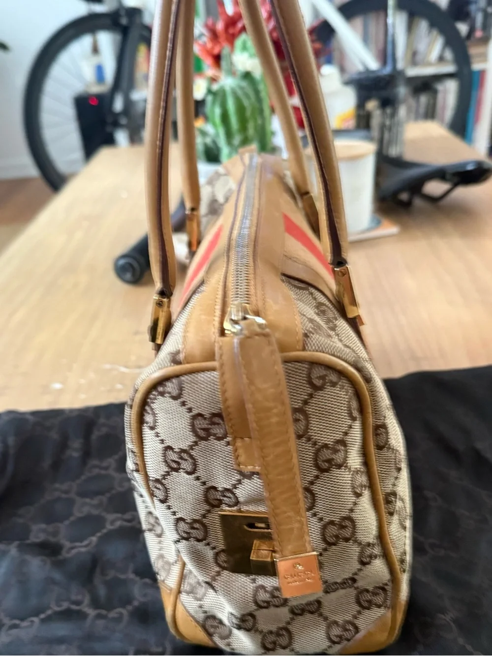 Gucci Beige Logo Canvas Shoulder Bag with Red Center Stripe